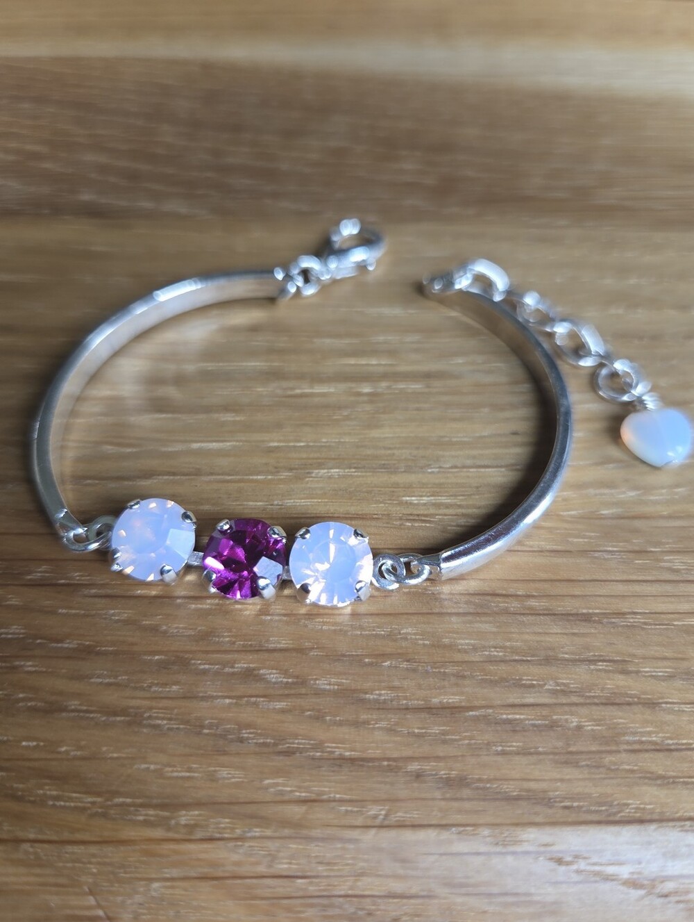 Silver Bar Bracelet with Two Pink Opal & One Fuschia Crystals, Hand Crafted - Picture 5 of 9